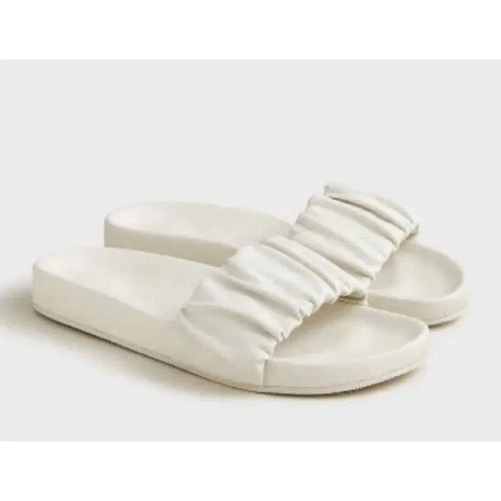 J Crew Women's Pacific Sandal Size 8.5 Scrunchie Strap Slide White Leather Flip